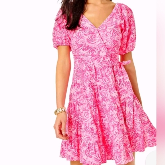 Lilly Pulitzer Iralee Flare Dress Short Sleeve Pink Multi European Wrap Dress - Picture 2 of 9
